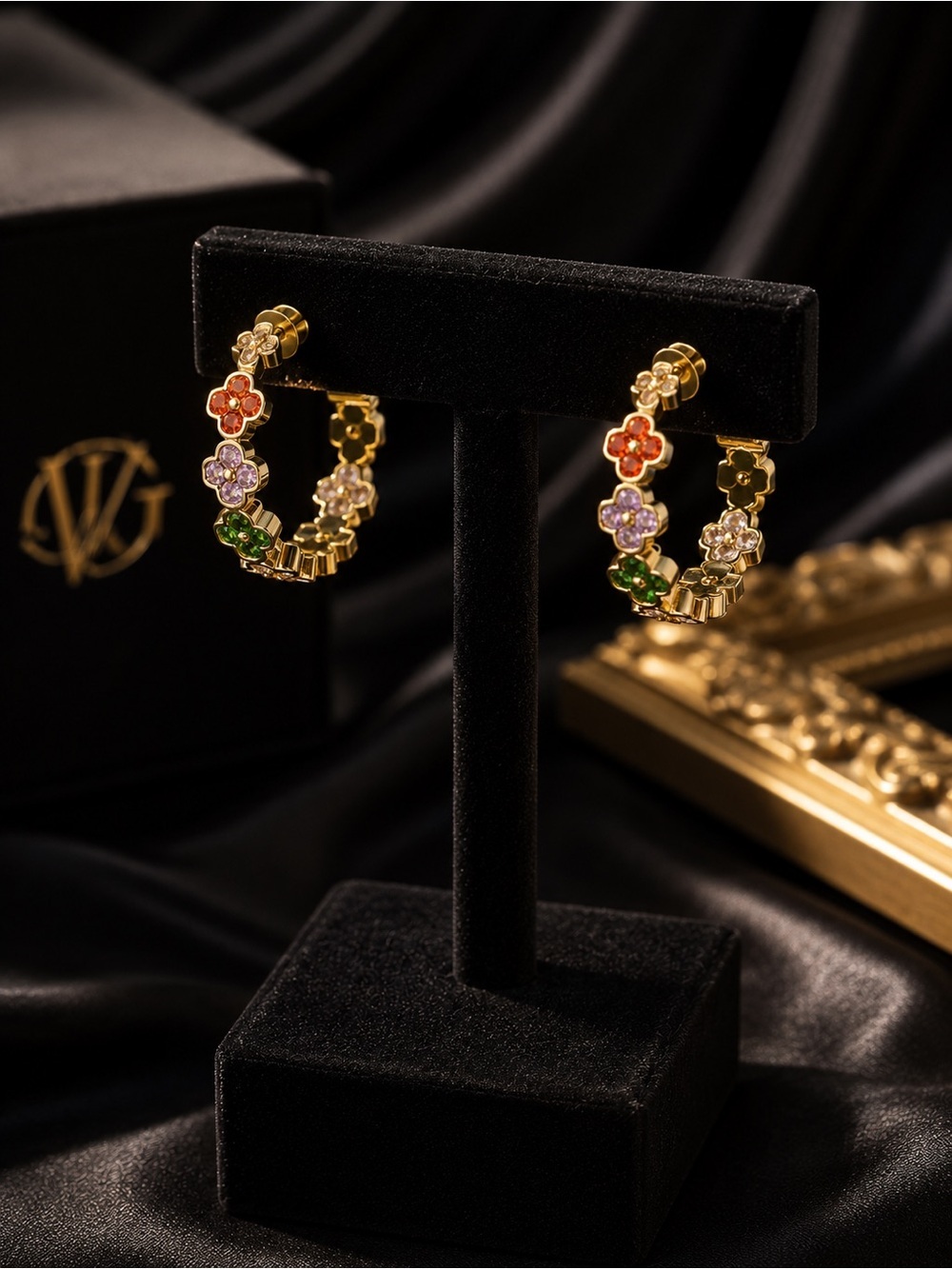 18K Gold Clover Multicolor Zircon Hoop Earrings